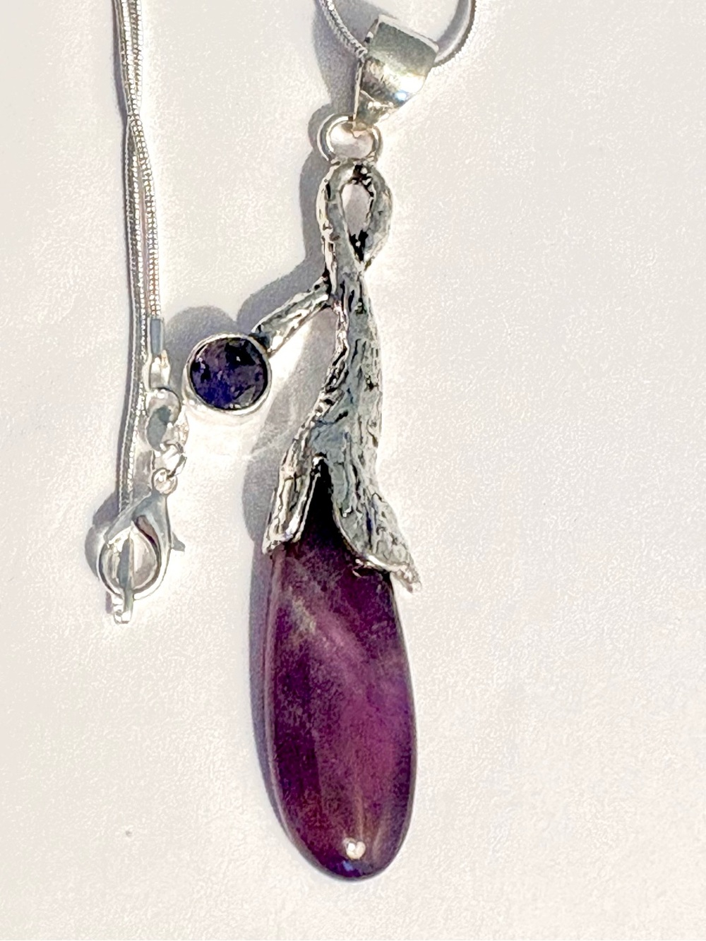 Beautiful, 3 inch, 2 stone, Purple Amethyst pendant on a silver chain.